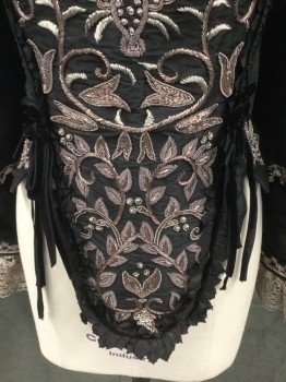 PORRO, Black, Silver, Silk, Floral, BODICE:  Black Taffeta with Silver with Pink Tones Beaded Floral Embroidery, Scoop Neck, Black Cotton Ruffle Trim,  Silver Lace Trim, Boned Bodice, PERIOD CORSET Attached Corset, Long Puffy Sleeve, Bell Sleeve Over Top of Long Sleeve Pleated at Inset, Black Velvet Bow Detail, Button Loop Cuff with Lace Ruffle, Lace Up Corset Back, 2 1/2" Beaded Panels Around Waist