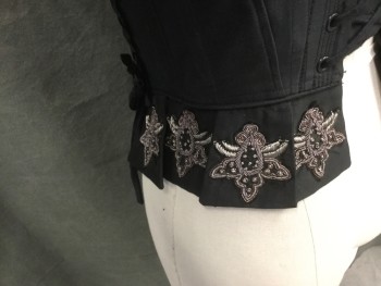 PORRO, Black, Silver, Silk, Floral, BODICE:  Black Taffeta with Silver with Pink Tones Beaded Floral Embroidery, Scoop Neck, Black Cotton Ruffle Trim,  Silver Lace Trim, Boned Bodice, PERIOD CORSET Attached Corset, Long Puffy Sleeve, Bell Sleeve Over Top of Long Sleeve Pleated at Inset, Black Velvet Bow Detail, Button Loop Cuff with Lace Ruffle, Lace Up Corset Back, 2 1/2" Beaded Panels Around Waist