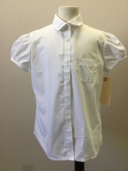 Childrens, Blouse, M&S, White, Poly/Cotton, Solid, 9/10, Button Front, Collar Attached, Short Sleeves, 1 Pocket with White Floral Embroidery & Sequin Detail