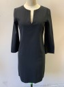 THEORY, Black, Polyester, Wool, Solid, 3/4 Sleeves, Round Neck with Deep Narrow Notch at Center Front, Mini Length, Shift Dress