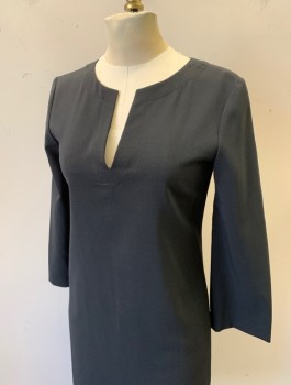 THEORY, Black, Polyester, Wool, Solid, 3/4 Sleeves, Round Neck with Deep Narrow Notch at Center Front, Mini Length, Shift Dress