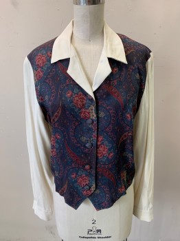 Womens, Blouse, FUNDAMENTAL THINGS, Off White, Multi-color, Synthetic, Floral, Paisley/Swirls, 34P, Faux Vest/Blouse Combo, Button Front, Long Sleeves, 5 Self Buttons, 1 Self Button Cuff, Tie Back **Back Faded/discolored
