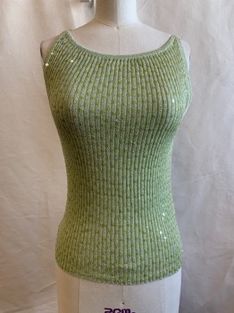 Womens, Top, SHE'S , Lt Green, Silver, Rayon, S, Knit, Pullover, Scoop Neck, Sleeveless