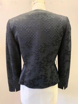 Womens, Blazer, TAHARI, Black, Acetate, Wool, Squares, Geometric, Sz.4, Textured Fabric with Horizontal Rib, Hook & Eye Closures in Front, Round Neck, No Lapel/Collar, Peplum Waist, Lightly Padded Shoulders, Fitted