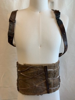 Unisex, Sci-Fi/Fantasy Harness, N/L MTO, Brown, Cotton, Leather, W:29, Waist Cincher with Attached Panel Up Back, Leather Straps That Go Around Arms, Lacing at Sides of Waist, Very Aged