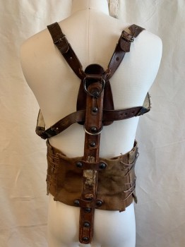 Unisex, Sci-Fi/Fantasy Harness, N/L MTO, Brown, Cotton, Leather, W:29, Waist Cincher with Attached Panel Up Back, Leather Straps That Go Around Arms, Lacing at Sides of Waist, Very Aged