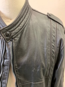 Mens, Leather Jacket, VALENTE, Black, Leather, Solid, M, Zip Front, Button Collar, Epaulets, 2 Snap Cuffs, 2 Pockets, Elastic Waistband Sides, Aged