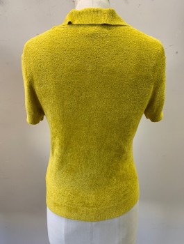 URBAN OUTFITTERS, Yellow, Viscose, Nylon, Solid, Fuzzy Velour-Like Knit, S/S, Button Front, Collar Attached