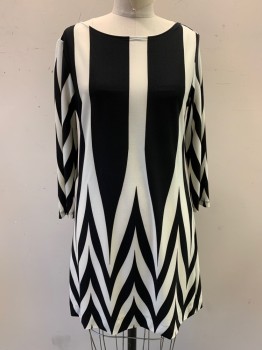 HAANI, Black, White, Polyester, Spandex, Color Blocking, Abstract , Stripes with "V" Shape at End, Chevron Pattern,  Pullover, Boat Neckline, Long Sleeves, Hem Above Knee