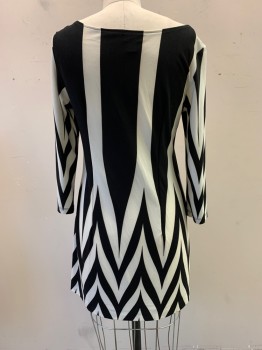 Womens, Dress, Long & 3/4 Sleeve, HAANI, Black, White, Polyester, Spandex, Color Blocking, Abstract , S, Stripes with "V" Shape at End, Chevron Pattern,  Pullover, Boat Neckline, Long Sleeves, Hem Above Knee