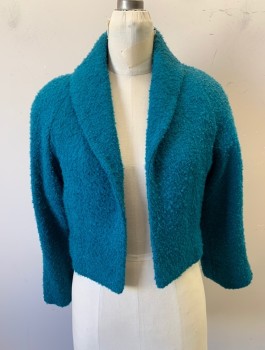 Womens, 1960s Vintage, Suit, Jacket, N/L, Turquoise Blue, Wool, Solid, B:34, S, Jacket, Boucle Textured Wool, 3/4 Sleeves, Short Waisted, Shawl Lapel, Open Front with No Closures, Lining is Blue and Green Floral Silk,
