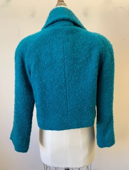 Womens, 1960s Vintage, Suit, Jacket, N/L, Turquoise Blue, Wool, Solid, B:34, S, Jacket, Boucle Textured Wool, 3/4 Sleeves, Short Waisted, Shawl Lapel, Open Front with No Closures, Lining is Blue and Green Floral Silk,