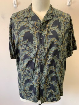 CLAIBORNE, Black, Sage Green, Mustard Yellow, Cotton, Modal, Tropical , Leaves Print, Camp Shirt, S/S, Button Front, Collar Attached