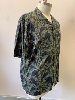 CLAIBORNE, Black, Sage Green, Mustard Yellow, Cotton, Modal, Tropical , Leaves Print, Camp Shirt, S/S, Button Front, Collar Attached