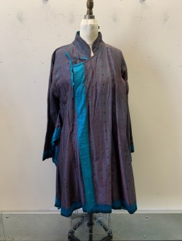 Unisex, Sci-Fi/Fantasy Robe, MTO, Teal Blue, Mauve Pink, Multi-color, Silk, Polka Dots, Color Blocking, S, Mandarin/Nehru Collar, Teal Blue Ties at Chest and Inside Waist, L/S, Teal BG with Mauve Pink Stitching on Top
