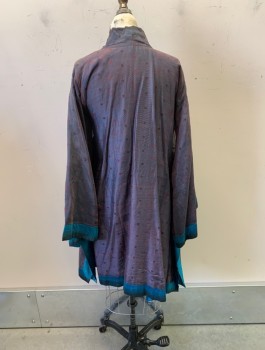 Unisex, Sci-Fi/Fantasy Robe, MTO, Teal Blue, Mauve Pink, Multi-color, Silk, Polka Dots, Color Blocking, S, Mandarin/Nehru Collar, Teal Blue Ties at Chest and Inside Waist, L/S, Teal BG with Mauve Pink Stitching on Top