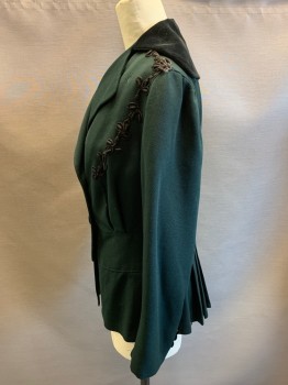 Womens, Jacket 1890s-1910s, N/L, Forest Green, Wool, Solid, B36, Gabardine, with Black Velvet Collar & Covered Buttons, L/S, Notched Lapel, 3 Buttons,  Black Floral Appliques, Worn and Mended In Spots See Detail Photo,