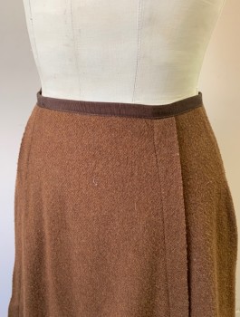 Womens, Skirt 1890s-1910s, N/L MTO, Brown, Wool, Solid, W:24, 1/2" Wide Grosgrain Waistband, 2 Vertical Pleats From Hip to Hem, Floor Length, Hook & Eye Closures in Back, Made To Order