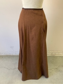 Womens, Skirt 1890s-1910s, N/L MTO, Brown, Wool, Solid, W:24, 1/2" Wide Grosgrain Waistband, 2 Vertical Pleats From Hip to Hem, Floor Length, Hook & Eye Closures in Back, Made To Order