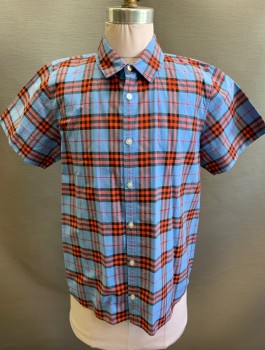 BURBERRY CHILDREN, French Blue, Red, Black, Cotton, Plaid, Boys, Short Sleeves, Button Front, Collar Attached