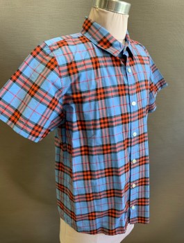 Childrens, Shirt, BURBERRY CHILDREN, French Blue, Red, Black, Cotton, Plaid, Sz.12, Boys, Boys, Short Sleeves, Button Front, Collar Attached