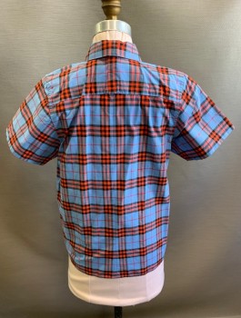 BURBERRY CHILDREN, French Blue, Red, Black, Cotton, Plaid, Boys, Short Sleeves, Button Front, Collar Attached