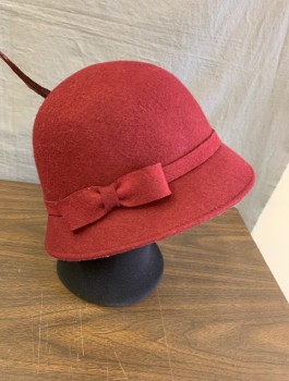 Womens, Cloche, TRIXIE, Wine Red, Wool, Solid, Novelty Bird Hair Piece Attached with a Safety Pin, Felt Band with Bow Detail