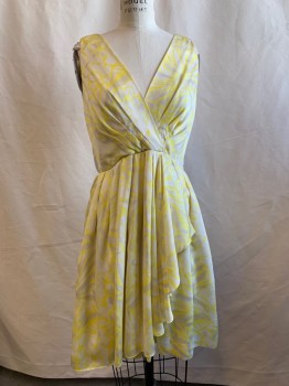 MCGINN, White, Yellow, Polyester, Floral, Surplice Top with Pleats, Solid White Knit Back, Pleated Front, Gathered, Back Zip, Faux Wrap Front