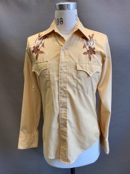 Mens, Western, Chute #1, Mustard Yellow, Brown, Cotton, Solid, M, Button Front, L/S, C.A., Pearl Buttons, Horseshoe/flower Embroidered on Both Sides of Chest, 2 Pockets,