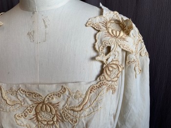 Womens, Dress 1890s-1910s, MTO, Antique White, Brown, Off White, Linen, Solid, W 27, B 38, Brown/Cream Floral Embroidery Appliqué, Square Neck, Pin Tuck Pleats at Shoulder, Pleat Upwards From Waistband, Off Center Hook & Eyes, Short Sleeves, Tiered Skirt, *Holes in Both Shoulders, Some Discolored Spots, Mended Hole Near Hem*