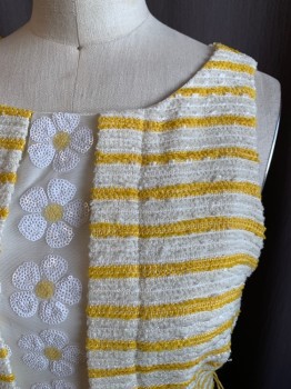 EVA FRANCO, Yellow, White, Polyester, Cotton, Stripes, Stripe Bouclé, White Mesh Center Panel with White/Yellow Sequin Daisies, Side Zip, Box Pleat