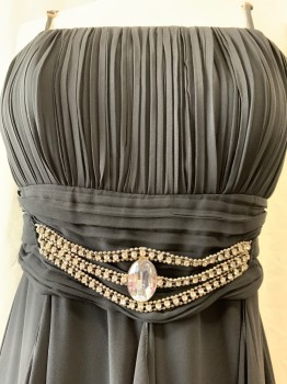 LA SERA, Black, Polyester, Square Neckline, Adjustable Spaghetti Straps, Vertically Pleated Bust, Horizontal Pleated Waist, Attached Rhinestone Belt on Front, Waterfall Ruffles Over Skirt, Floor Length, Zip Side