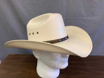 Mens, Cowboy Hat, LARRY MAHAN, Off White, Straw, 58, 7 1/4, Cattleman Style, Dk Brown Leather & Pony Hat Band