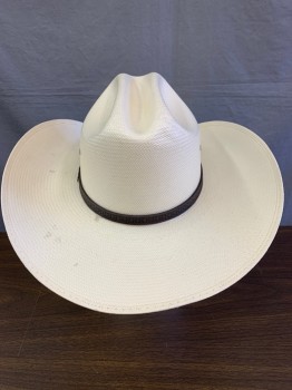 LARRY MAHAN, Off White, Straw, Cattleman Style, Dk Brown Leather & Pony Hat Band