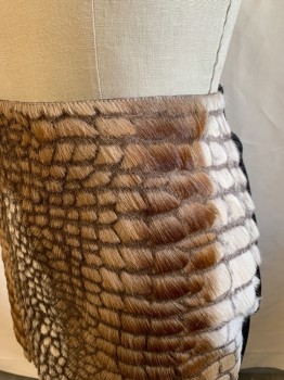 TOM FORD, Tan Brown, Brown, Beige, White, Fur, Synthetic, Side Zipper, Animal Scales Design With Fur, Rib Knit Back, Uneven Raw Hem