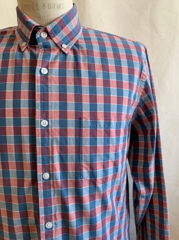 J. Crew, Blue, Red Burgundy, Red, White, Cotton, Check , Ll Button Front, Collar Attached, Chest Pocket