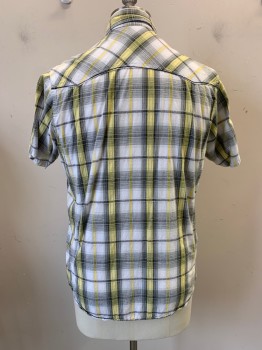 URBAN LP, Black, Gray, White, Yellow, Cotton, Plaid, Collar Attached, Snap Front, Short Sleeves, 2 Flap Pockets with Snap Buttons