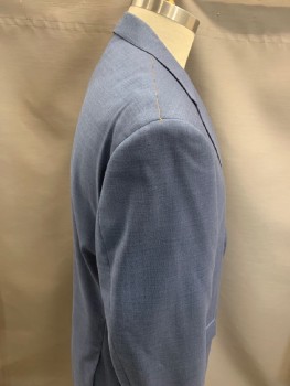 J. CREW, French Blue, Wool, Elastane, Notched Lapel, Single Breasted, B.F., 2 Bttns, 3 Pckts, Tan Stitching On Shoulder