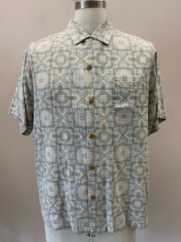 TOMMY BAHAMA, Beige, Lt Gray, Lt Blue, Khaki Brown, Silk, Geometric, S/S, Button Front, Collar Attached, Chest Pocket