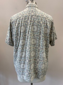 TOMMY BAHAMA, Beige, Lt Gray, Lt Blue, Khaki Brown, Silk, Geometric, S/S, Button Front, Collar Attached, Chest Pocket