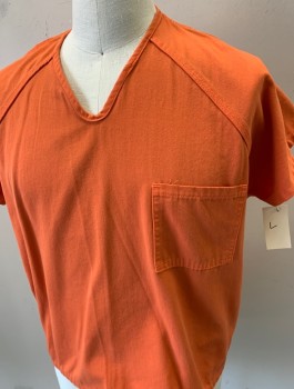 BOB BAKER, Orange, Black, Cotton, Solid, Twill, Short Sleeves, Raglan Sleeves V neck Pull Over , 1 Patch Pocket at Chest . Black " COUNTY JAIL" Printed on Back