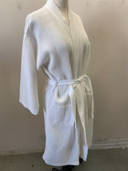 Womens, SPA Robe, SOFT TOUCH, White, Poly/Cotton, Solid, O/S, Waffle Weave, 2 Pockets, with Belt