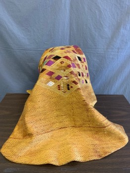 Mens, Historical Fiction Hat , MTO, Yellow, Multi-color, Cotton, Metallic/Metal, Nemes, Worn Black/Burgundy/Purple Diamond Pattern, Gold-tone Lotus Motifs with Amber Stone