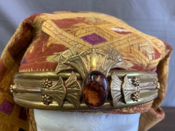 Mens, Historical Fiction Hat , MTO, Yellow, Multi-color, Cotton, Metallic/Metal, Nemes, Worn Black/Burgundy/Purple Diamond Pattern, Gold-tone Lotus Motifs with Amber Stone