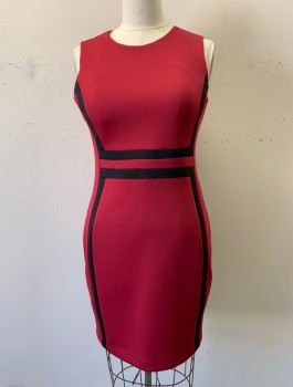 CALVIN KLEIN, Maroon Red, Black, Polyester, Spandex, Solid, Scoop Neck, 1" Wide Black Contrast Strips at Princess Seams and Waist, Fitted, Hem Above Knee,  Invisible Zipper in Back