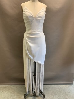 Womens, Evening Gown, THERRY MUGLER, White, Polyester, Solid, W25, B34, Spaghetti Strap, V Neck, Side Pleat, Long Tassel Trim, Back Zipper, Side Buttons, Small Clear Snap Needs Replacing