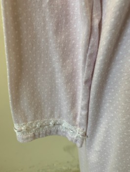 Womens, Nightgown, LAURA SCOTT, Lavender Purple, White, Poly/Cotton, Dots, M, Very Pale Lavender, Jersey, Long Sleeves, V-neck, White Lace and Satin Ribbon Trim at Cuffs and Shoulders, Smocked Detail at Shoulders, Knee Length