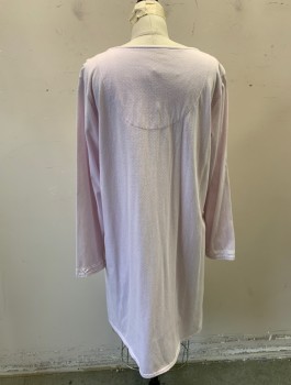 Womens, Nightgown, LAURA SCOTT, Lavender Purple, White, Poly/Cotton, Dots, M, Very Pale Lavender, Jersey, Long Sleeves, V-neck, White Lace and Satin Ribbon Trim at Cuffs and Shoulders, Smocked Detail at Shoulders, Knee Length