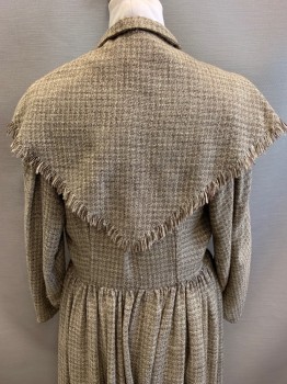 Womens, Dress 1890s-1910s, NL, Brown, Beige, Wool, Tweed, W: 34, B: 40, Removable Capelet, Jewel Neckline, 1/2 Button Front, Gathered at Waist, L/S,  Pleated Over Bust, Pleated Skirt,
