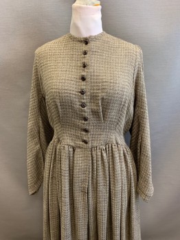 Womens, Dress 1890s-1910s, NL, Brown, Beige, Wool, Tweed, W: 34, B: 40, Removable Capelet, Jewel Neckline, 1/2 Button Front, Gathered at Waist, L/S,  Pleated Over Bust, Pleated Skirt,